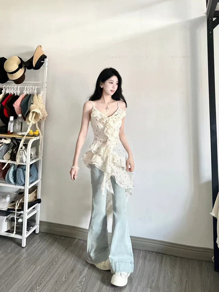 Fashion Irregular Ruffled Floral Design A-line Sleeveless Spaghetti Strap Dress HZ1024