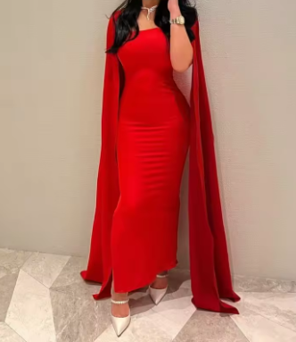 Red Satin Mermaid Evening Dress Saudi Arabia Prom Dresses  cc695