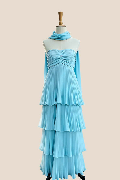 Yellow Pleated Tiered Maxi Dress with Scarf Long Prom Dresses