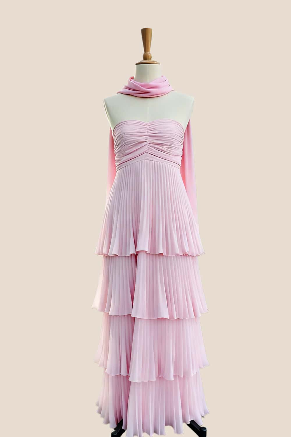 Yellow Pleated Tiered Maxi Dress with Scarf Long Prom Dresses