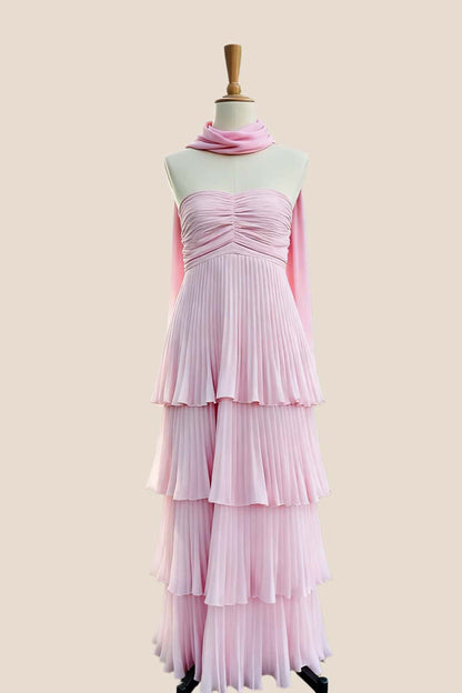 Yellow Pleated Tiered Maxi Dress with Scarf Long Prom Dresses