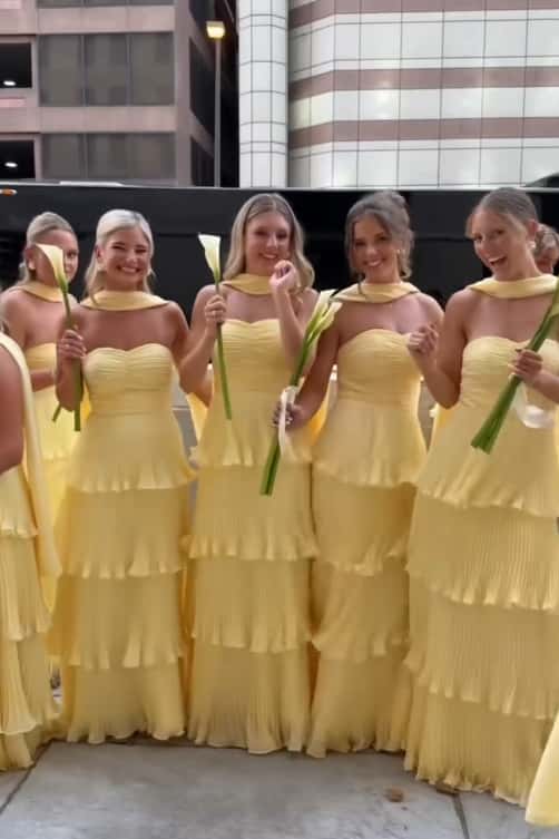 Yellow Pleated Tiered Maxi Dress with Scarf Long Prom Dresses