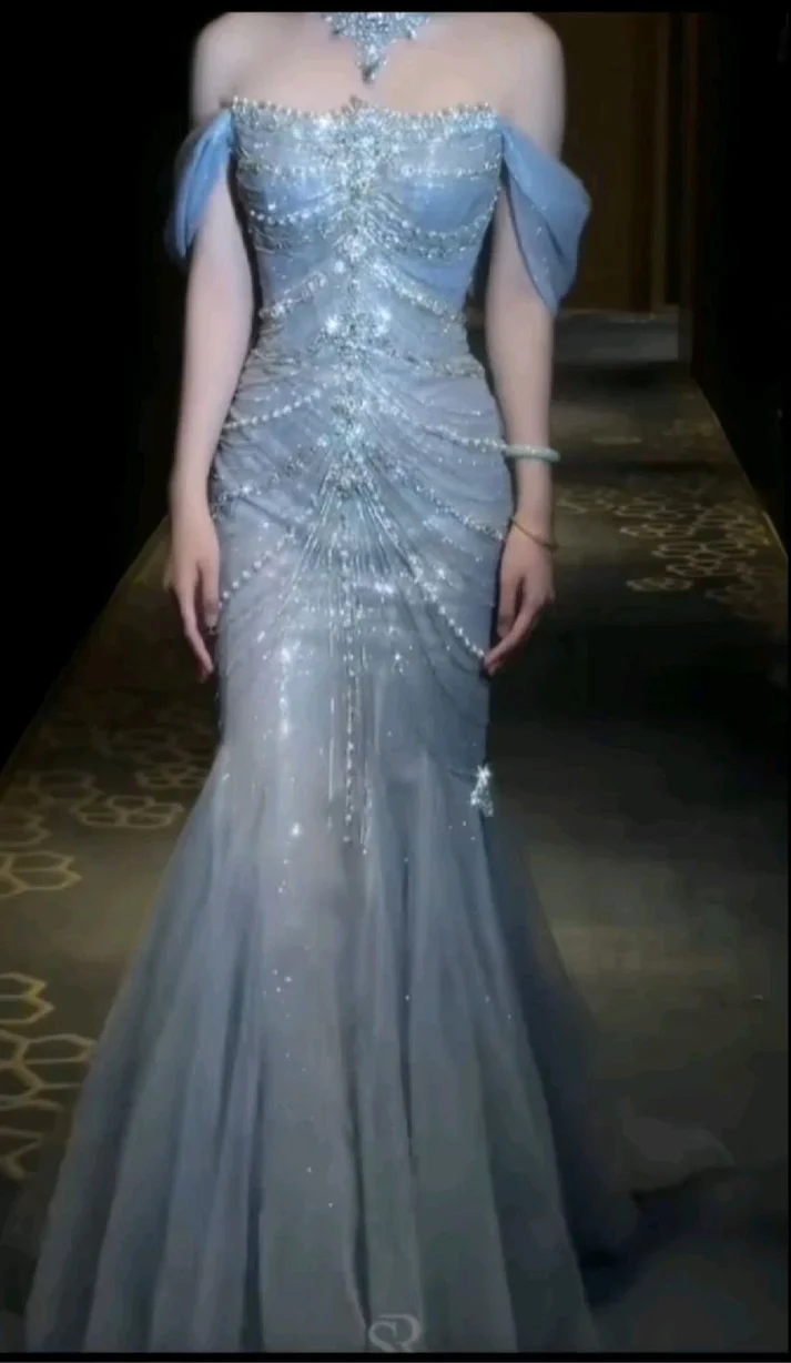 Luxury Blue Mermaid Strapless Tulle Beaded Long Prom Dress,Off The Shoulder Evening Dress  cc2536