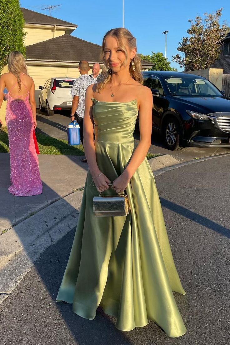 Classy Green Strapless Pleated Party Dress A Line Satin Prom Dress cc1911