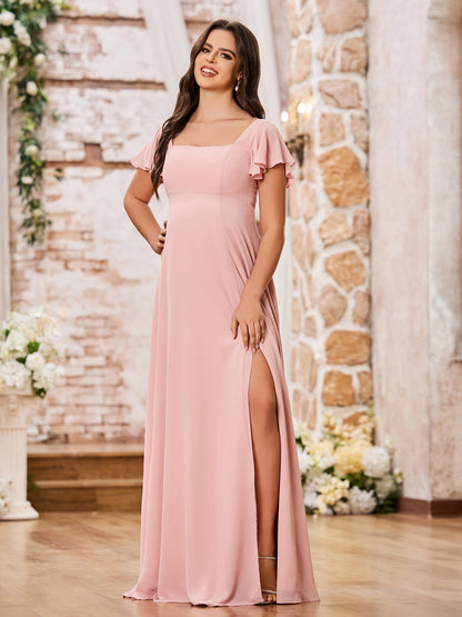 Square Neck Fluttering Sleeve Chiffon Long Dresses Dusty Rose