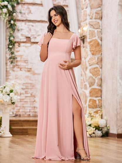 Square Neck Fluttering Sleeve Chiffon Long Dresses Dusty Rose