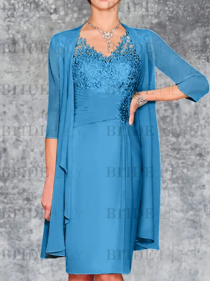 Two Piece Ruffle Chiffon Mother of the Bride Outfit Lace Short Wedding Guest Dress