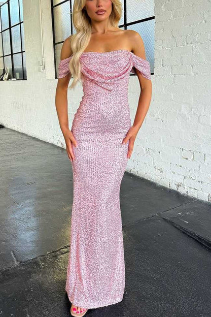Off Shoulder Mermaid Sequin Prom Dress Floor Length Party Outfit