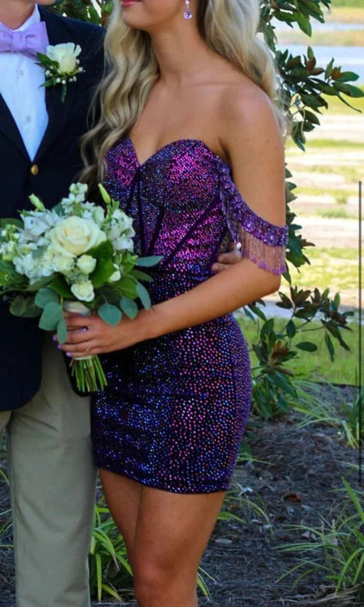 Vintage Purple Beaded Sweetheart Off-the-shoulder Sheath Homecoming Dress Party Dress Cocktail Dress HZ1024