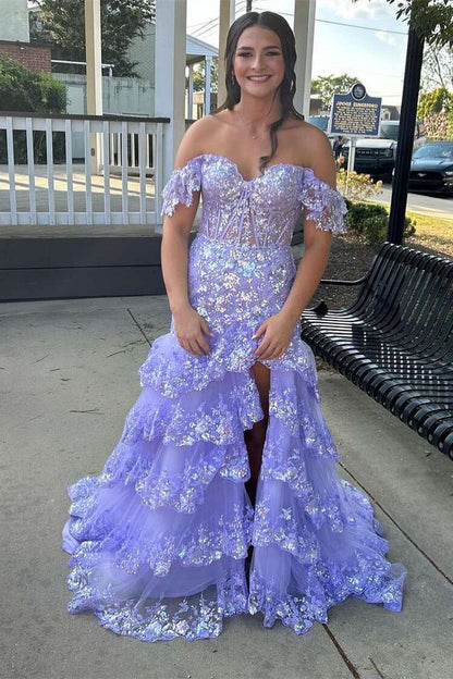 Red Sequin Tiered Mermaid Long Dress Slit Prom Dresses
