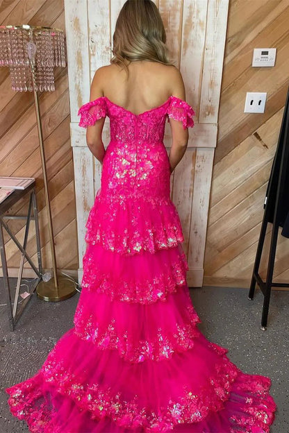 Red Sequin Tiered Mermaid Long Dress Slit Prom Dresses
