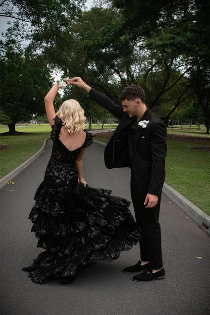 Red Sequin Tiered Mermaid Long Dress Slit Prom Dresses