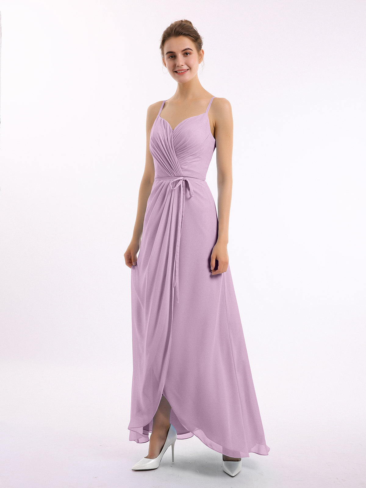 Spaghetti Strap High Low Chiffon Dresses with Bow-Wisteria