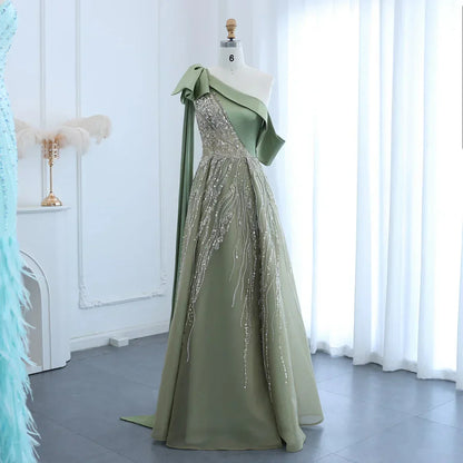 Gorgeous Sparkling Beaded Green One-shoulder A-Line High Slit Long Prom Dress Evening Dress HZ1024