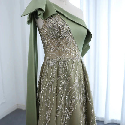 Gorgeous Sparkling Beaded Green One-shoulder A-Line High Slit Long Prom Dress Evening Dress HZ1024