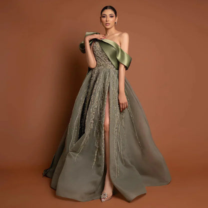 Gorgeous Sparkling Beaded Green One-shoulder A-Line High Slit Long Prom Dress Evening Dress HZ1024