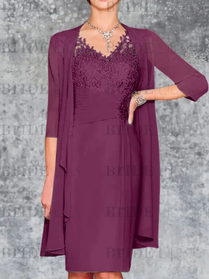 Two Piece Ruffle Chiffon Mother of the Bride Outfit Lace Short Wedding Guest Dress
