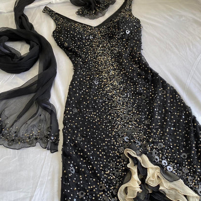 Sparkly Sequins Beaded Ruffles Mermaid Prom Dress Black Party Evening Dress cc2096