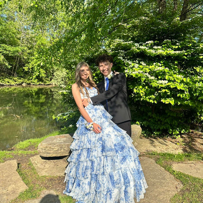 Vintage Blue Floral Prom Dress A-Line Tiered Evening Dress Long Formal Dress HZ1024