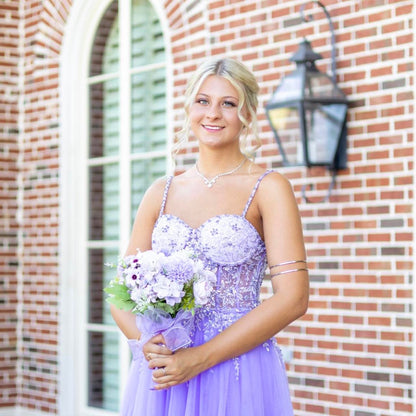 Vintage Lilac Applique Sequin Prom Dress Sweetheart A-Line Evening Dress Long Formal Dress HZ1024