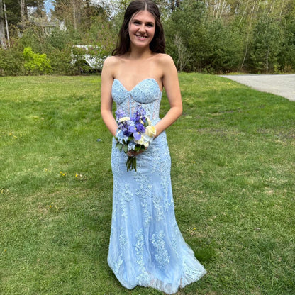 Vintage Blue Sweetheart Prom Dress Applique Strapless Evening Dress Long Sheath Formal Dress HZ1024