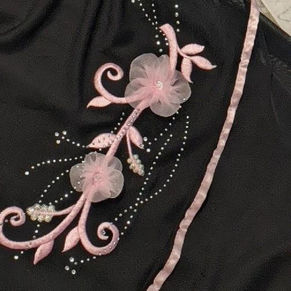 Black tube top embroidered floral long elegant chiffon party dress prom dress evening dress homecoming dress gh3268