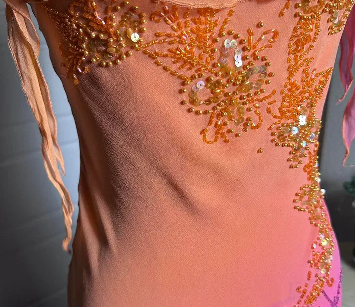 Orange Gradient Exquisite Beaded Spaghetti Strap Midi Chiffon Slim Ball Gown Evening Dress Party Dress Prom Dress gh3214