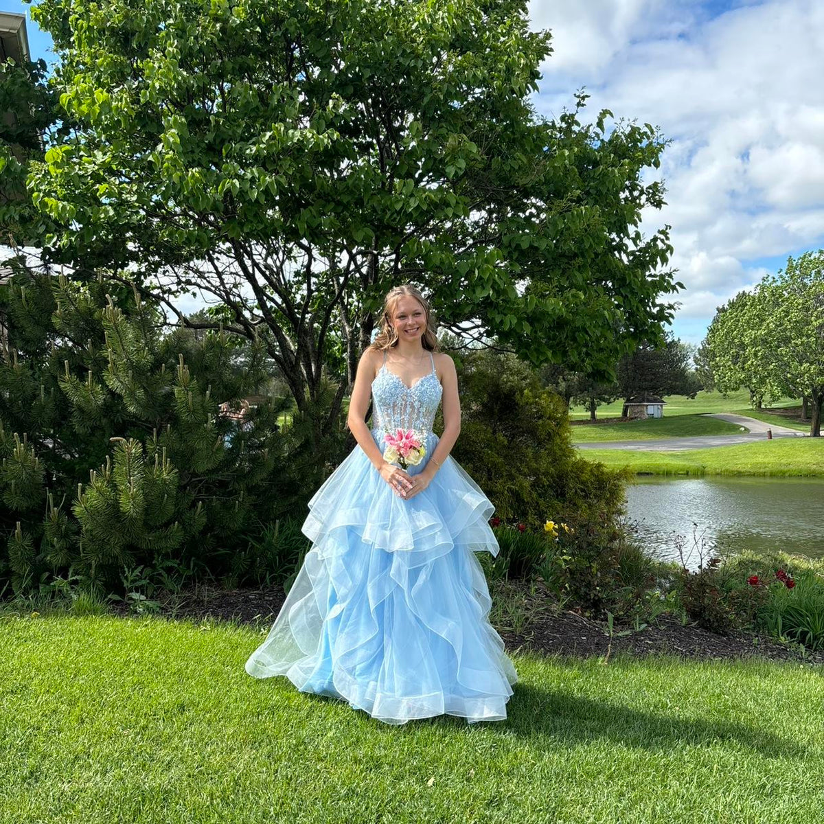 Vintage Blue Tulle Prom Dress Spaghetti Strap Evening Dress Long A-Line Formal Dress HZ1024