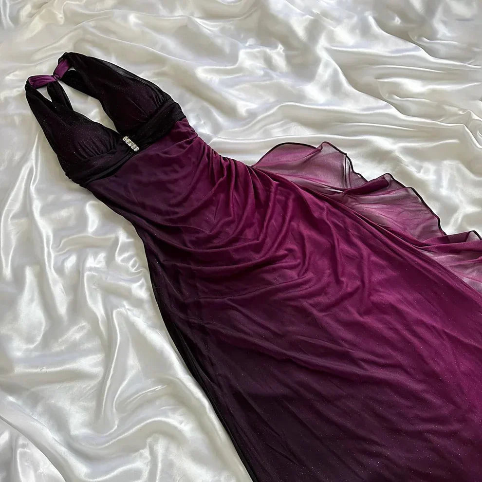 Vintage Gradient Navy Blue/Purple Exquisite Beaded Halter-neck Sheath Prom Dress Evening Dress HZ1024