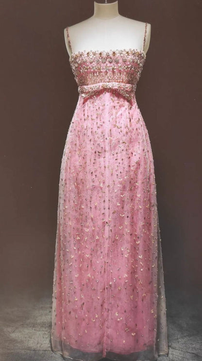 Gorgeous Pink Slim Sequined Beads Tulle Long Prom Dress Evening Dress cc4710
