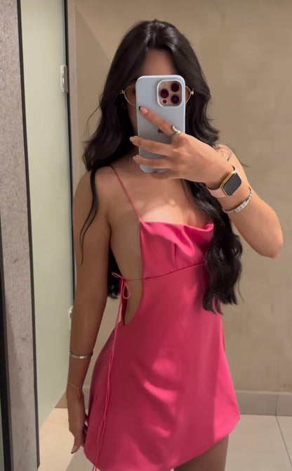 Sexy Open Back Rose Pink Drawstring Satin Birthday Party Homecoming Dress cc4105