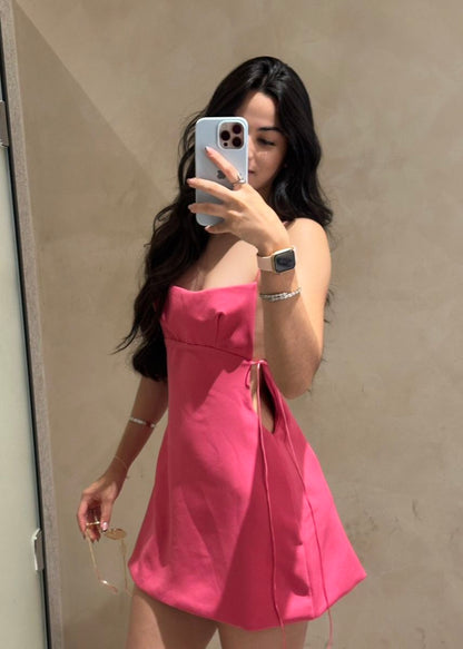 Sexy Open Back Rose Pink Drawstring Satin Birthday Party Homecoming Dress cc4105