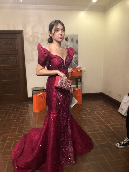 Vintage Burgundy Mermaid Deep V Puff Sleeve Sequin Train Prom Dress  Evening Dress cc4813