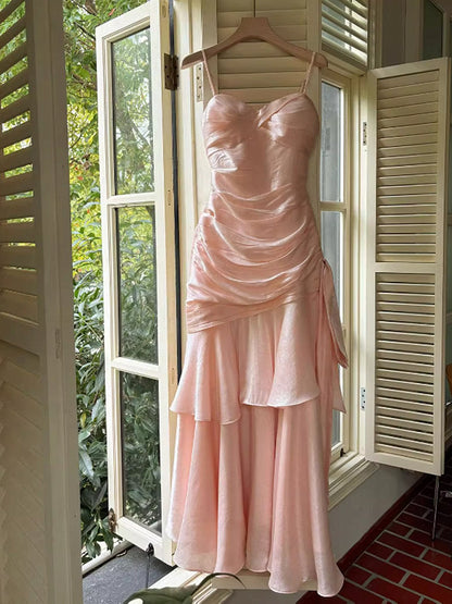 Sweet Pink Mermaid Strapless Pleated Tiered Satin Prom Dress Evening Dress Bridesmaid Dress cc4820