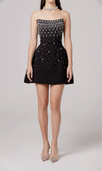 Elegant Black Tube Top Rhinestone Waist A-line Short Birthday Party Homecoming Dress cc4125