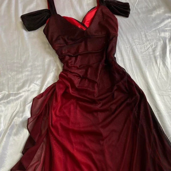 Vintage Shiny Burgundy Sheath Chiffon Shoulder Strap Design Long Prom Dress Evening Dress HZ1024