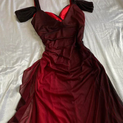 Vintage Shiny Burgundy Sheath Chiffon Shoulder Strap Design Long Prom Dress Evening Dress HZ1024