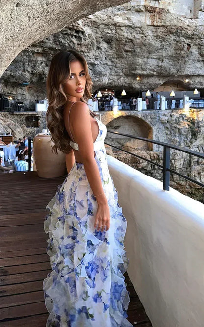 Vintage Floral Spaghetti Strap Ruffle Mermaid Chiffon Prom Dress Party Dress Evening Dress HZ1024
