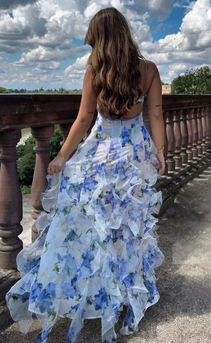 Vintage Floral Spaghetti Strap Ruffle Mermaid Chiffon Prom Dress Party Dress Evening Dress HZ1024