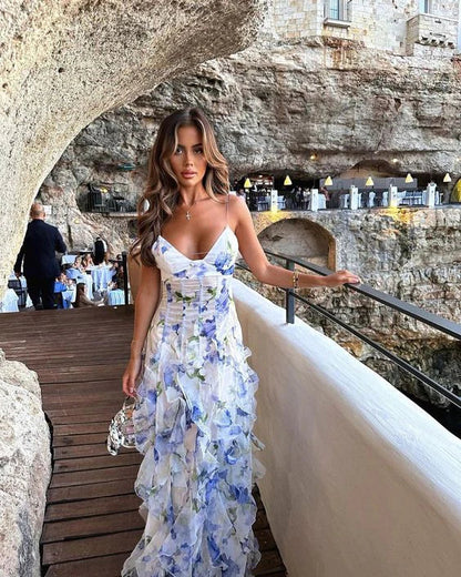 Vintage Floral Spaghetti Strap Ruffle Mermaid Chiffon Prom Dress Party Dress Evening Dress HZ1024