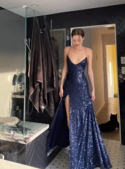 Pretty Sheath Spaghetti Straps Slit Navy Blue Sequin Prom Dresses Evening Dress HZ1024