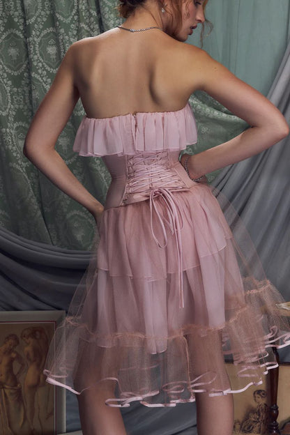 Retro Palace Light Pink Ruffled Tulle A-line 17th Birthday Homecoming Dress cc4150