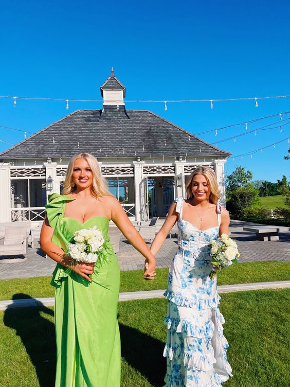 Beautiful Blue Floral Shoulder Strap Sheath Tiered Party Dress Bridesmaid Dress HZ1024