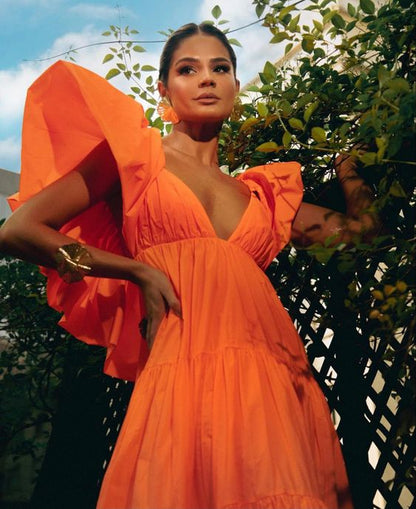 Sexy A line V neckline Organge Prom Dress Long Party Dresses P1611