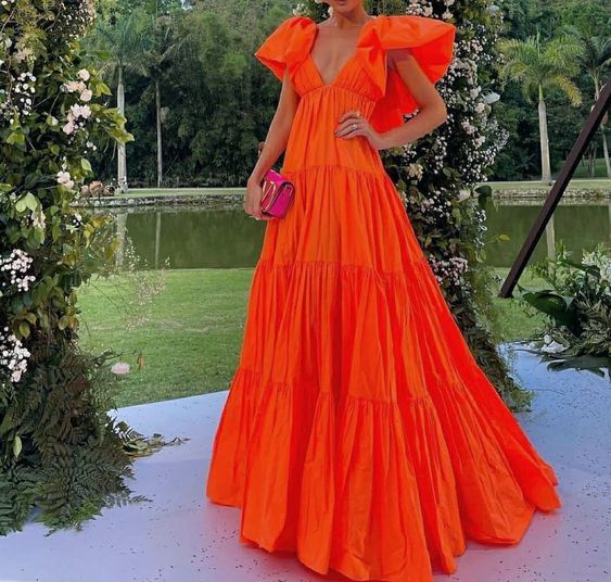 Sexy A line V neckline Organge Prom Dress Long Party Dresses P1611