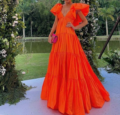 Sexy A line V neckline Organge Prom Dress Long Party Dresses P1611