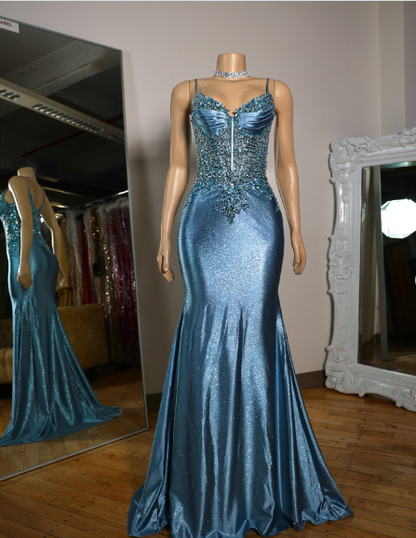 Elegant Blue Mermaid Deep V Halter Beaded Satin Long Prom Dress Evening Dress cc4865