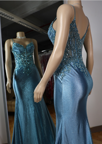 Elegant Blue Mermaid Deep V Halter Beaded Satin Long Prom Dress Evening Dress cc4865