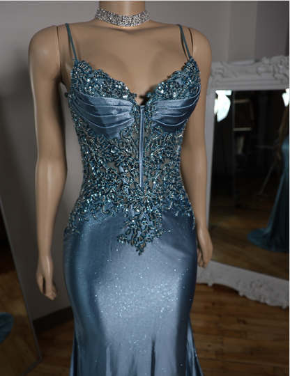 Elegant Blue Mermaid Deep V Halter Beaded Satin Long Prom Dress Evening Dress cc4865