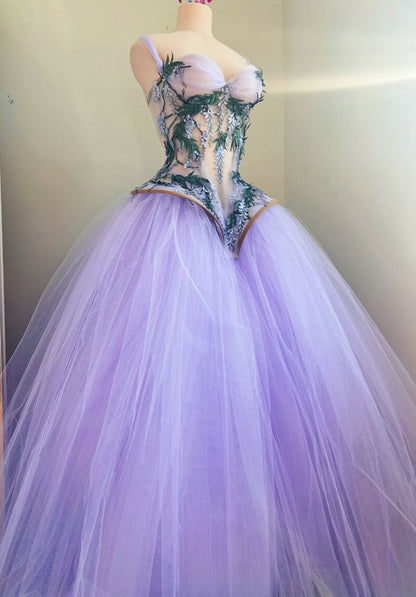 Dreamy Purple Strapless Halter Floral Tulle Long Ball Gown Evening Dress cc4868